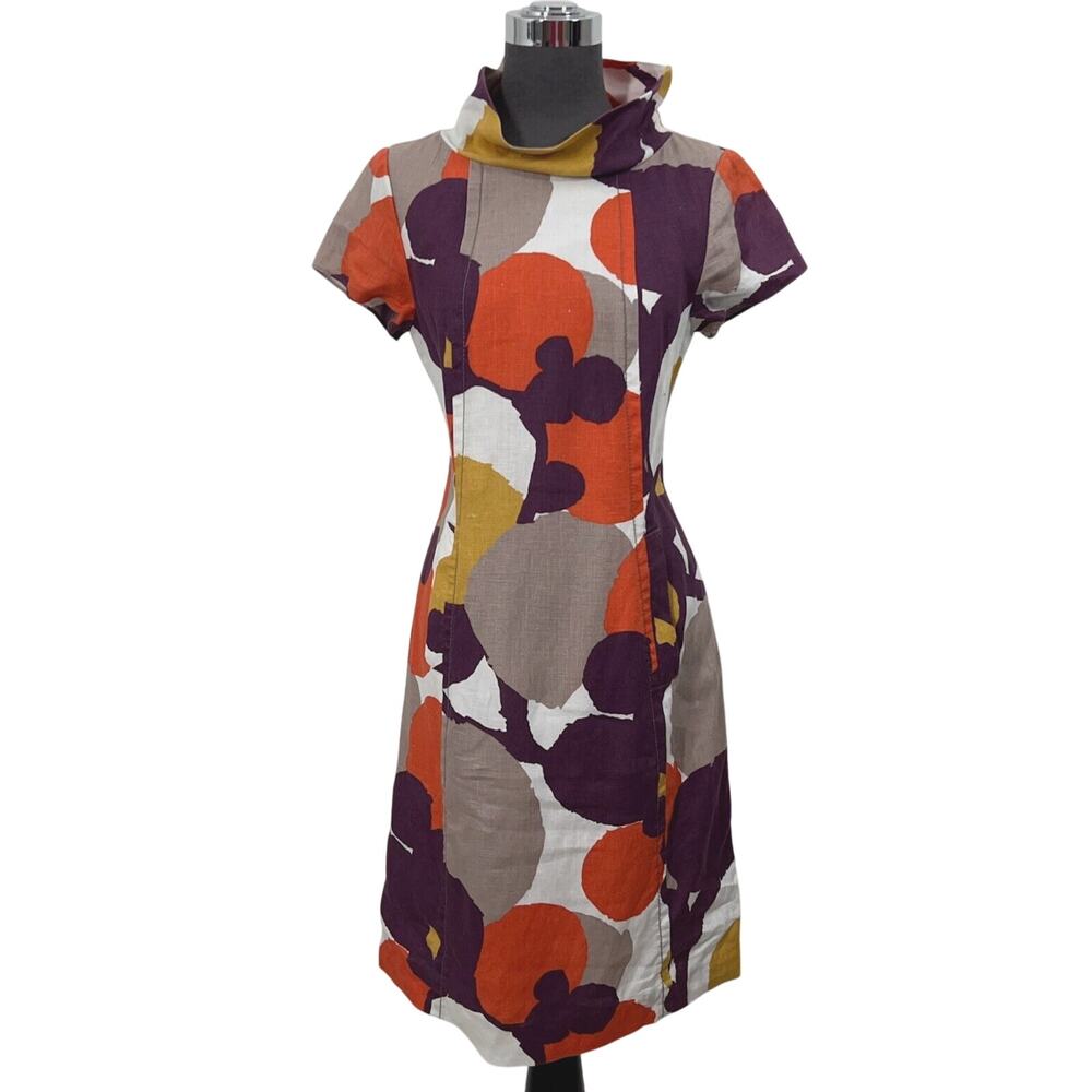 Boden Sheath Linen Dress Womens US 4L UK 8L Retro Print Short Sleeve High Neck